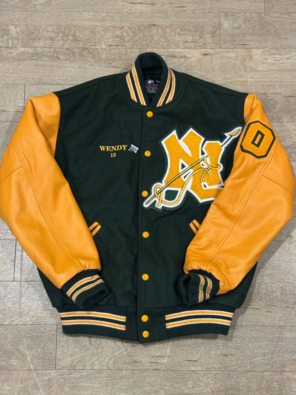 Letterman Jacket Green and Yellow With Leather Sleeves Size Small